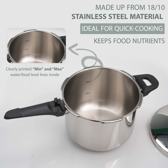 6L stainless steel pressure cooker offers fast, energy-efficient cooking while retaining flavor and nutrients in large portions.