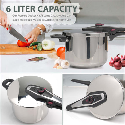 6L stainless steel pressure cooker with dual pressure release settings for easy and controlled cooking of large meals.
