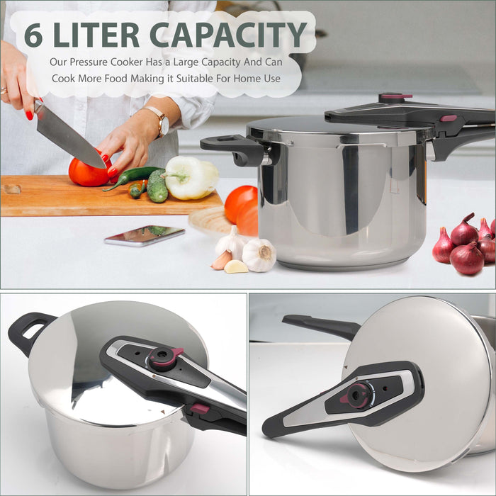 6L stainless steel pressure cooker with dual pressure release settings for easy and controlled cooking of large meals.