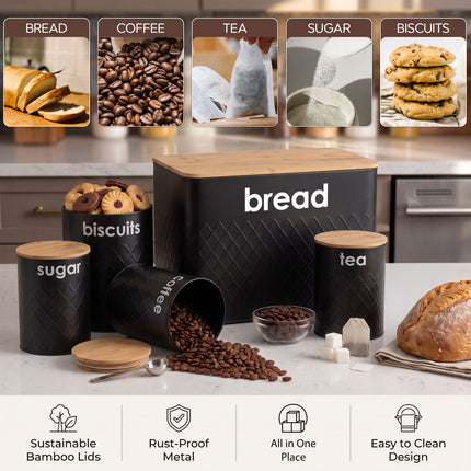 5pc Black Kitchen Storage Set - Bread Bin