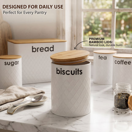 5pc White Kitchen Storage Jars Set Bread Bin