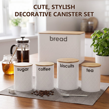 5pc White Kitchen Storage Jars Set Bread Bin