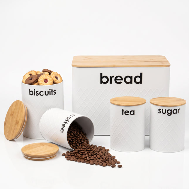 5pc White Kitchen Storage Jars Set Bread Bin
