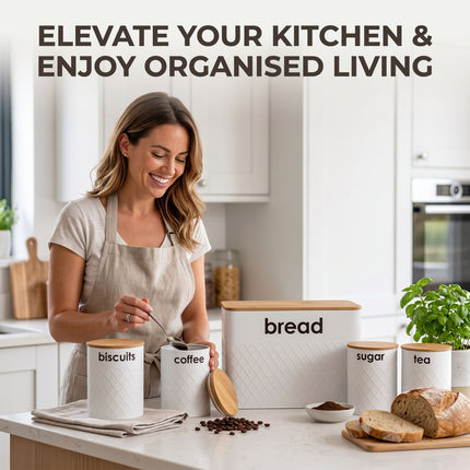 5pc White Kitchen Storage Jars Set Bread Bin
