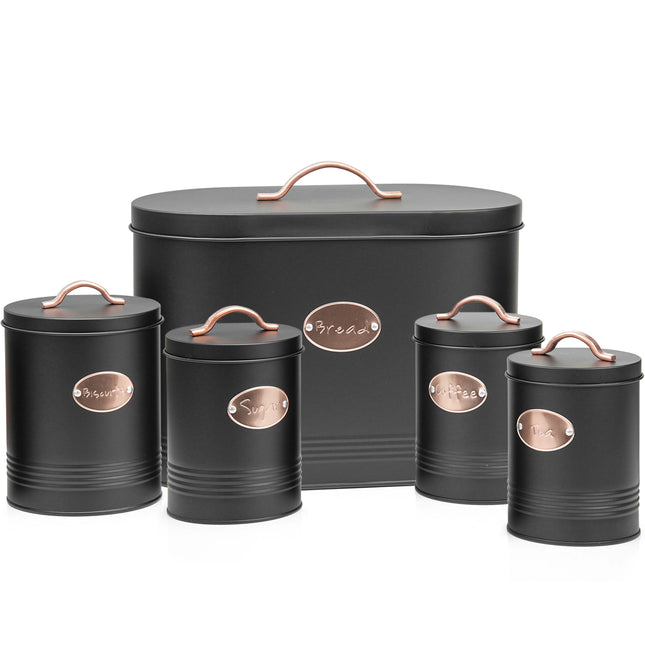 Bread Bin Black - 5PC Kitchen Food Storage