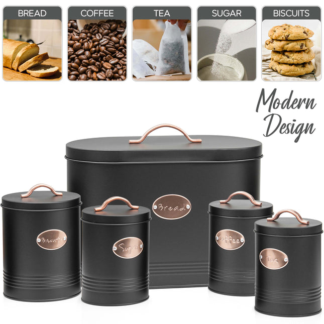 Bread Bin Black - 5PC Kitchen Food Storage
