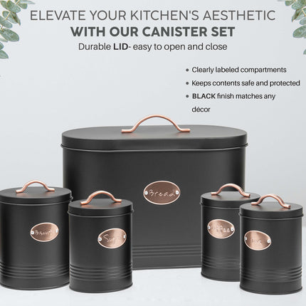 Bread Bin Black - 5PC Kitchen Food Storage