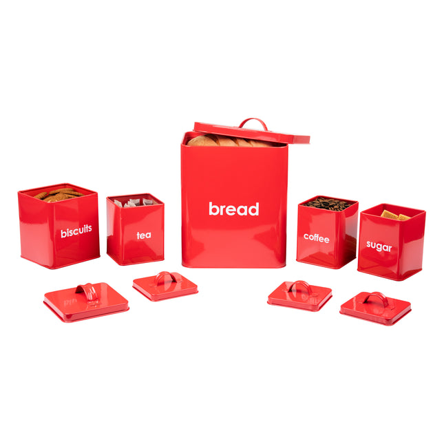 5 Piece Red Bread Bin - Kitchen Storage Tins