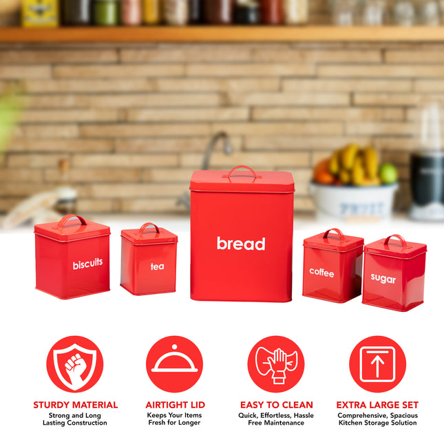 5 Piece Red Bread Bin - Kitchen Storage Tins