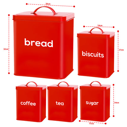 5 Piece Red Bread Bin - Kitchen Storage Tins