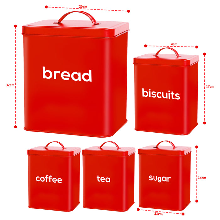 5 Piece Red Bread Bin - Kitchen Storage Tins