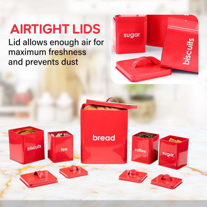 5 Piece Red Bread Bin - Kitchen Storage Tins