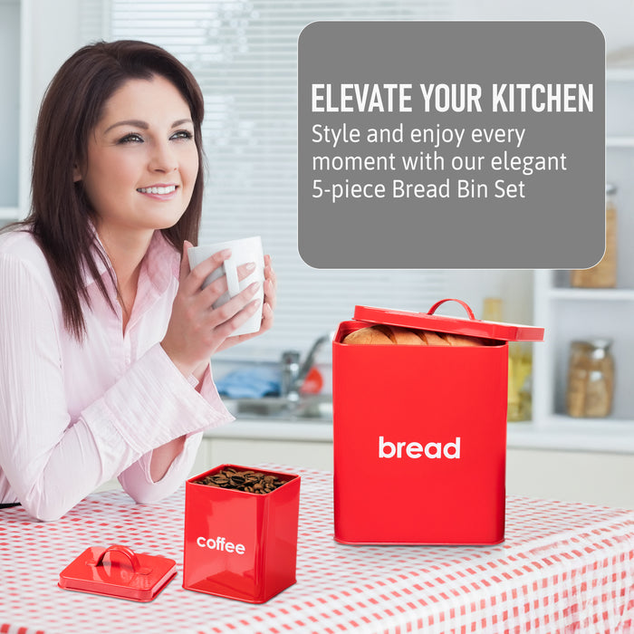 5 Piece Red Bread Bin - Kitchen Storage Tins
