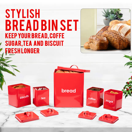 5 Piece Red Bread Bin - Kitchen Storage Tins