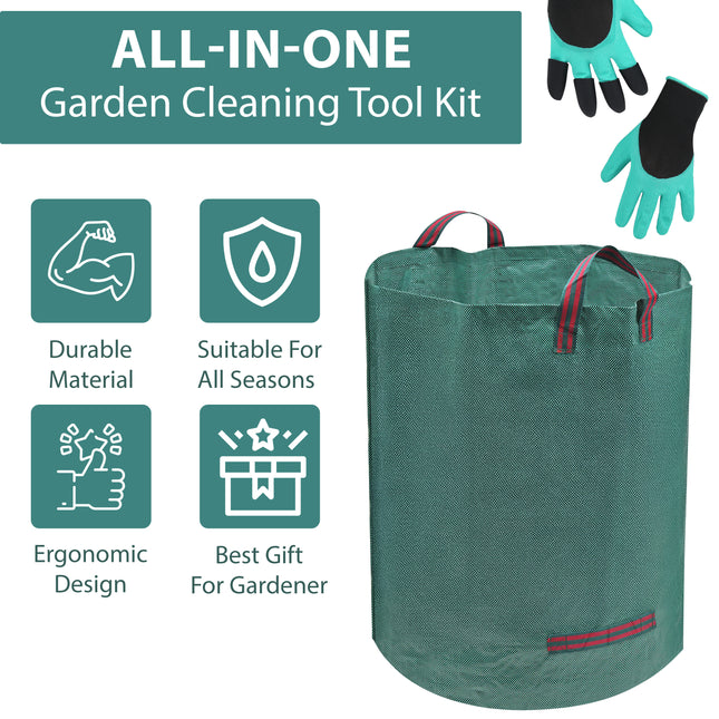5-Piece Garden Leaf Rake Set with Grabbers, Gloves & 500L Bag