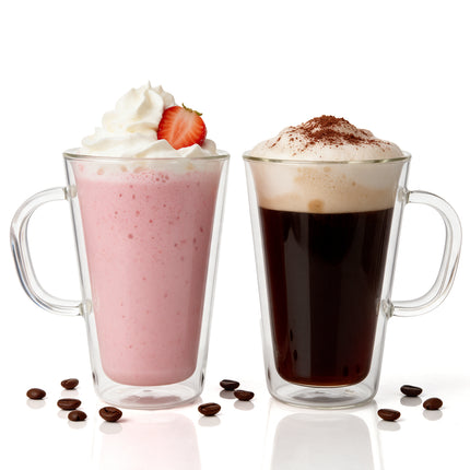 2x 450ml Double Wall Insulated Glass Coffee Mugs