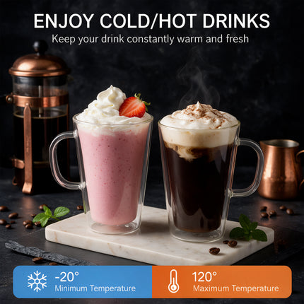 2x 450ml Double Wall Insulated Glass Coffee Mugs