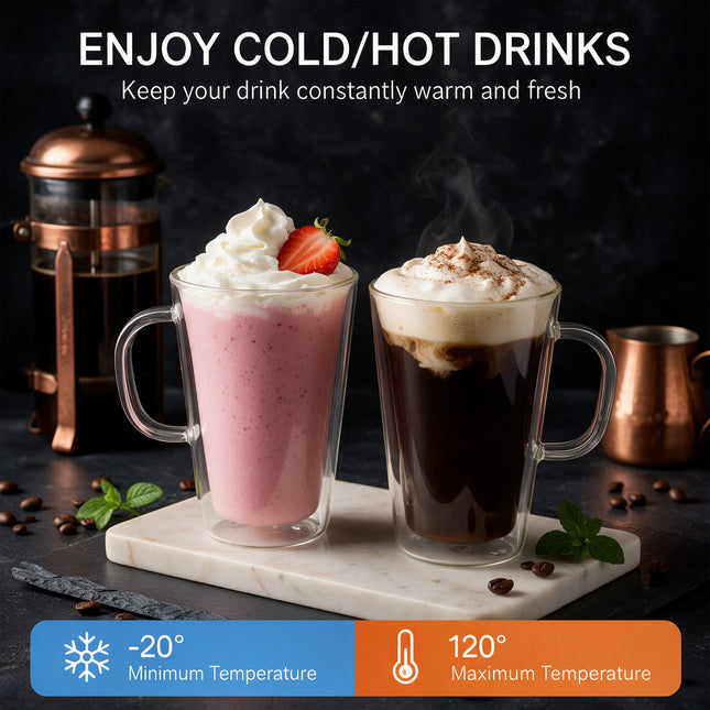 2x 450ml Double Wall Insulated Glass Coffee Mugs