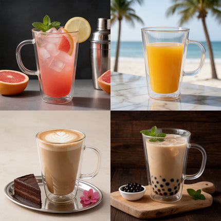 2x 450ml Double Wall Insulated Glass Coffee Mugs