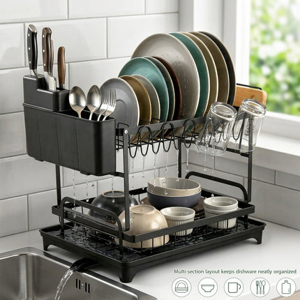 2 Tier Dish Drainer Rack with Drip Tray