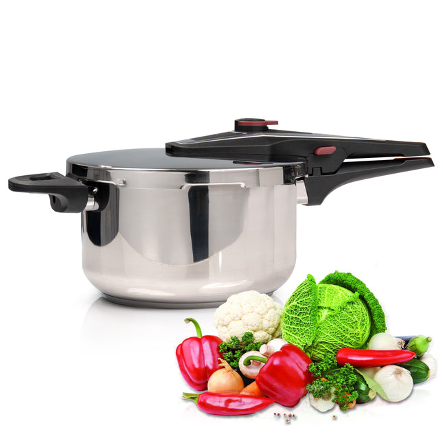 Sturdy, heat-resistant dual handles on the stainless steel pressure cooker for safe handling and secure cooking, with bonded base for even heat distribution.