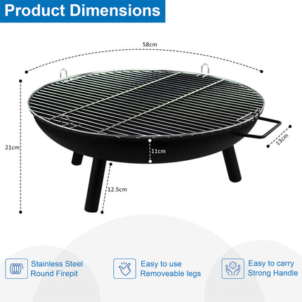 Portable Patio Round Fire Pit - 23"  Black
