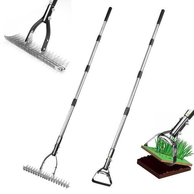 2 in 1 Garden Long Handle Thatch Rake + Hoe