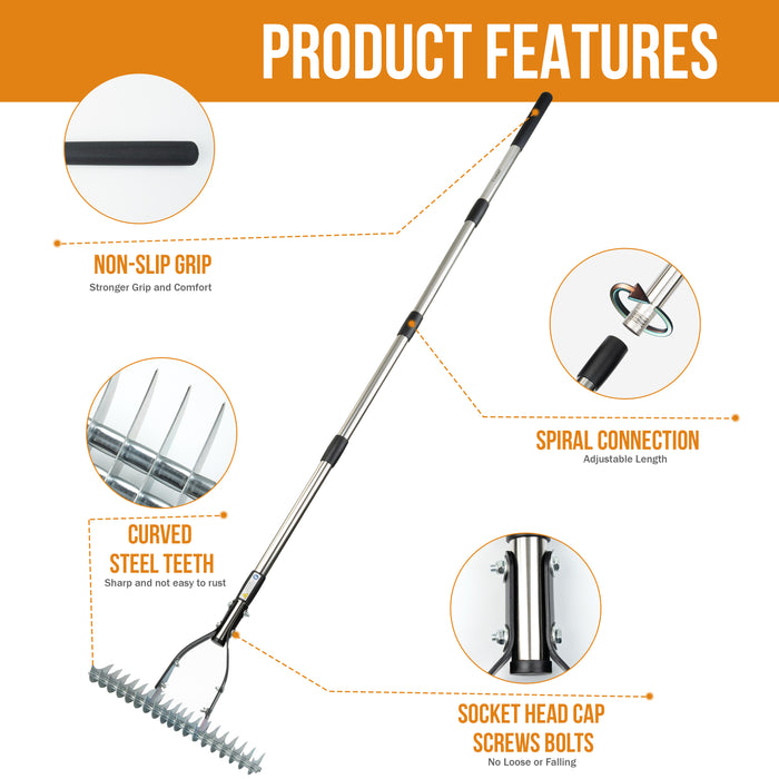 2 in 1 Garden Long Handle Thatch Rake + Hoe