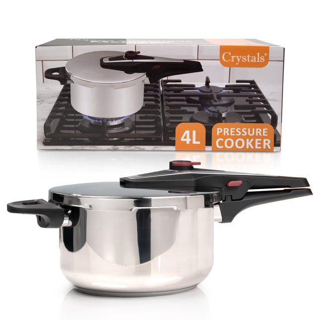 4L stainless steel pressure cooker cooking a healthy family meal, retaining up to 90% more nutrients and vitamins for nutritious results.