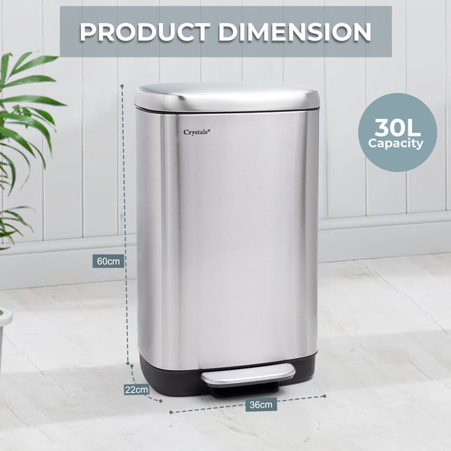 Silver 30L Rectangular Pedal Bin – Stainless Steel, Soft-Close Lid