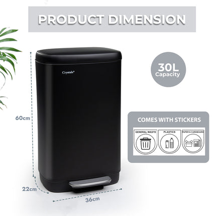 30L Rectangular Stainless Steel Pedal Bin with Soft Close Lid