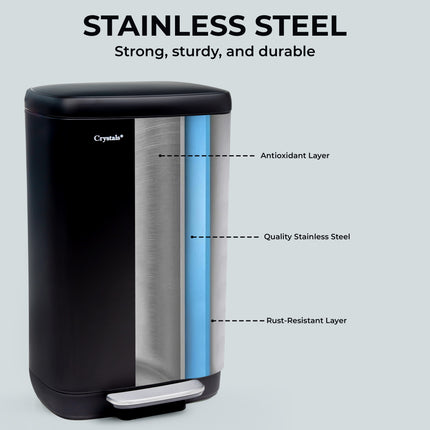 30L Rectangular Stainless Steel Pedal Bin with Soft Close Lid