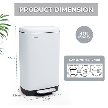 30L Rectangular Stainless Steel Pedal Bin with Soft Close Lid