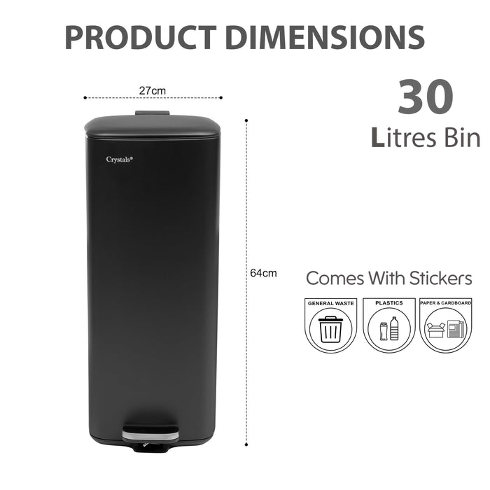 Black 30L Stainless Steel Pedal Bin with Soft Close Lid