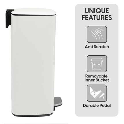 30L Square Pedal Bin – Stainless Steel, Soft-Close Lid