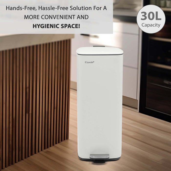 30L Square Pedal Bin – Stainless Steel, Soft-Close Lid