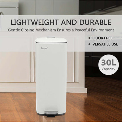 30L Square Pedal Bin – Stainless Steel, Soft-Close Lid