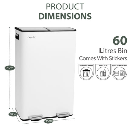 White 60L Dual Pedal Bin for Kitchen Waste & Recycling