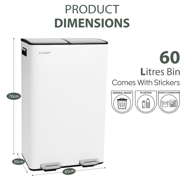 White 60L Dual Pedal Bin for Kitchen Waste & Recycling