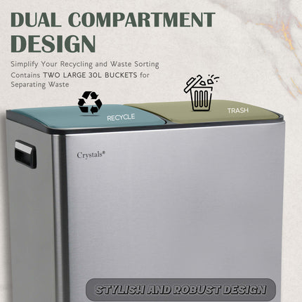 60L Dual Compartment Pedal Bin Silver