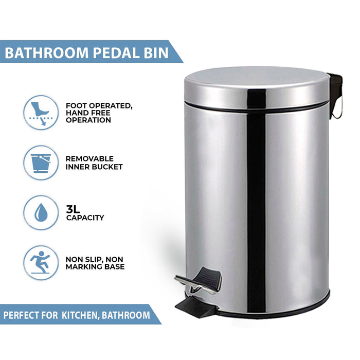 3L Silver Pedal Bin with Toilet Brush