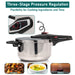 Close-up of the locking lid and pressure indicator valve on the stainless steel pressure cooker with dual pressure release settings for safe cooking.