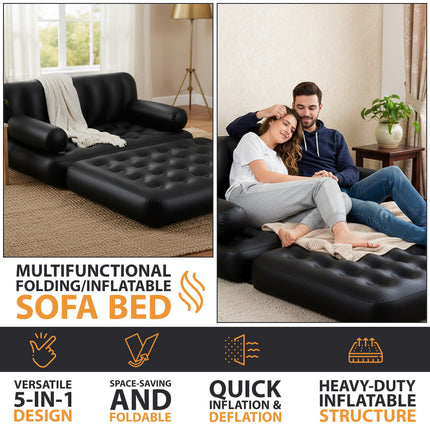 5 In 1 Multipurpose Sofa, 188 x 152 x 64 cm, PVC, Black