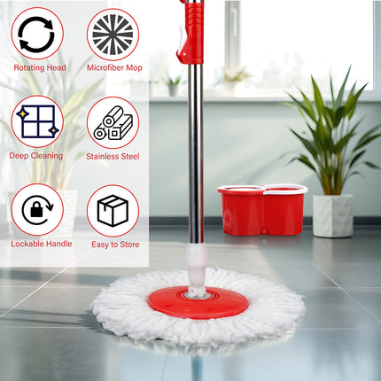360° Spin Rotating Mop & Bucket Set with 2 Mop Heads – Red, Blue, Purple