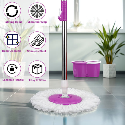 360° Spin Rotating Mop & Bucket Set with 2 Mop Heads – Red, Blue, Purple