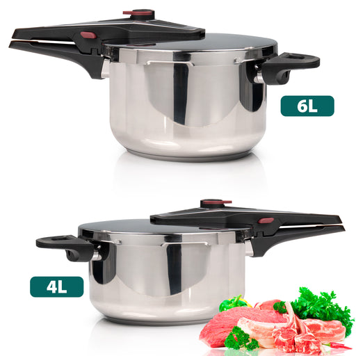 Stainless steel 4L-6L pressure cooker with dual handles, induction compatible, perfect for fast cooking and healthy meals at home.