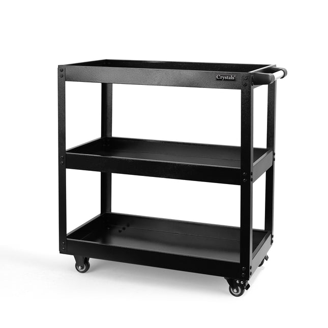 Heavy-Duty 3-Tier Black Tool Trolley – Steel Workshop Cart with Storage Trays & Locking Wheels – 75Kg Capacity for Tools & Equipment