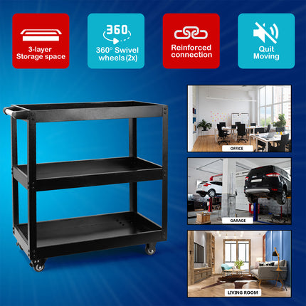 Heavy-Duty 3-Tier Black Tool Trolley – Steel Workshop Cart with Storage Trays & Locking Wheels – 75Kg Capacity for Tools & Equipment