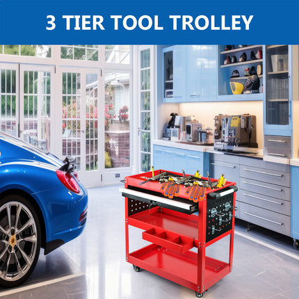 Heavy Duty Tool Trolley Cart with Drawers – 3-Tier Storage, Rolling Wheels for Garage, Workshop, and Mechanics Tool Trolley