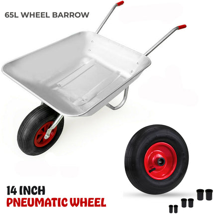 65L Heavy Duty Wheelbarrow Metal Garden Cart with Pneumatic Tyre